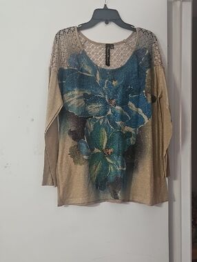 French Bazaar Gold Long Sleeve Top with Blue Floral Print